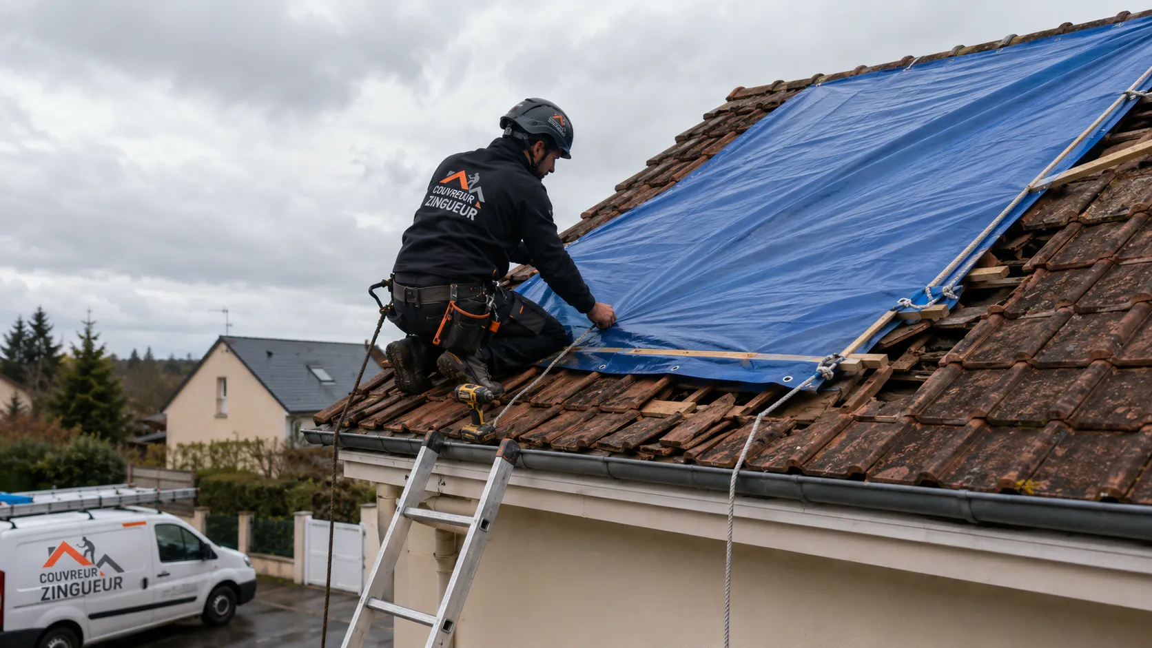 Bâchage d'urgence toiture après tempête à Grenoble
