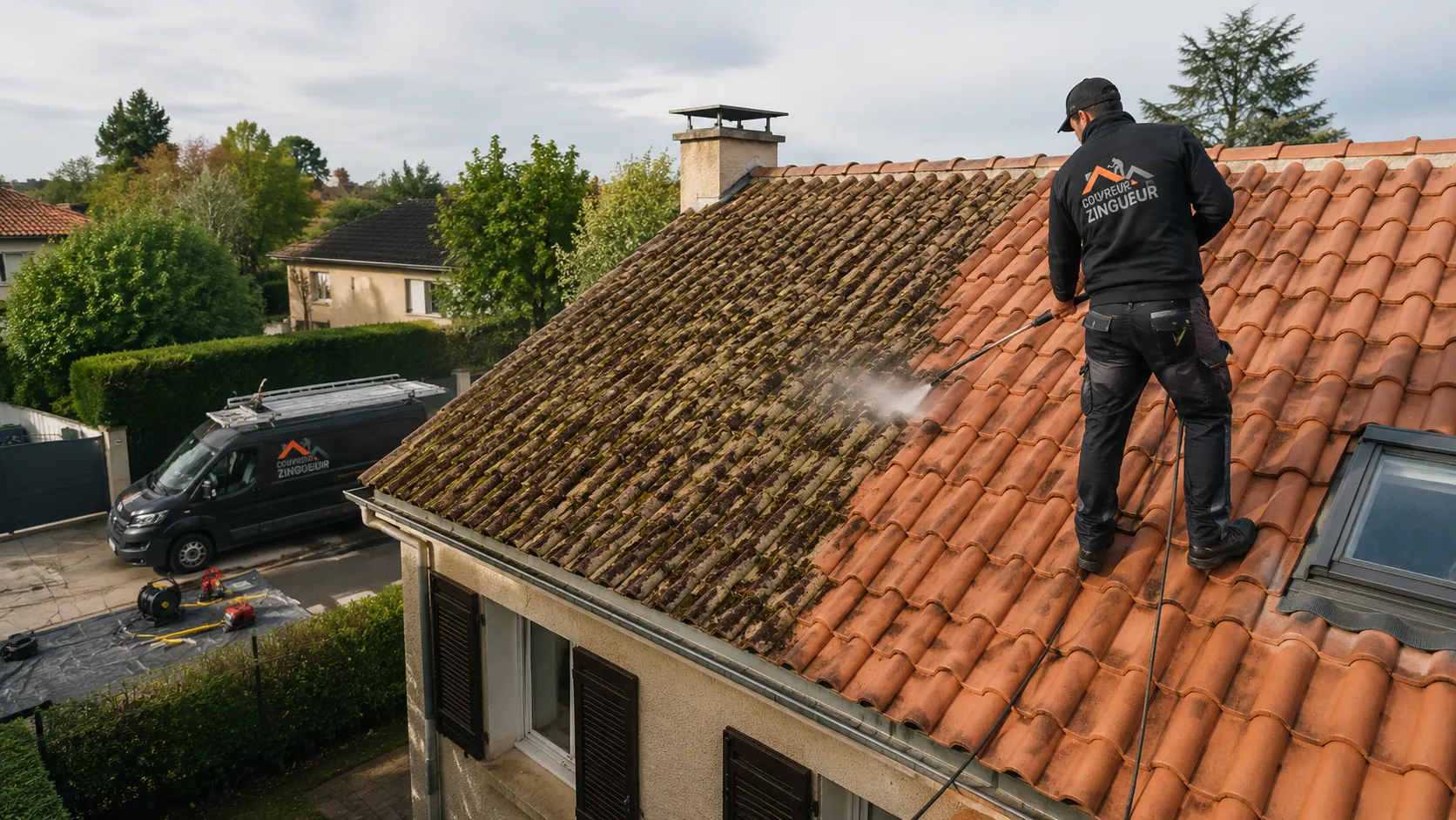 Avant-après démoussage toiture tuile à Grenoble